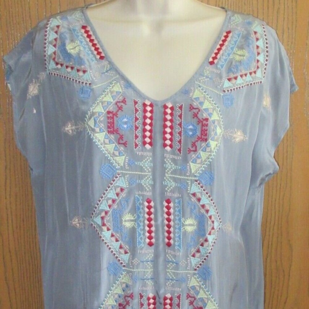 SUNDANCE viscose rayon DUSKY BLUE EMBROIDERY shift dress sz XL
